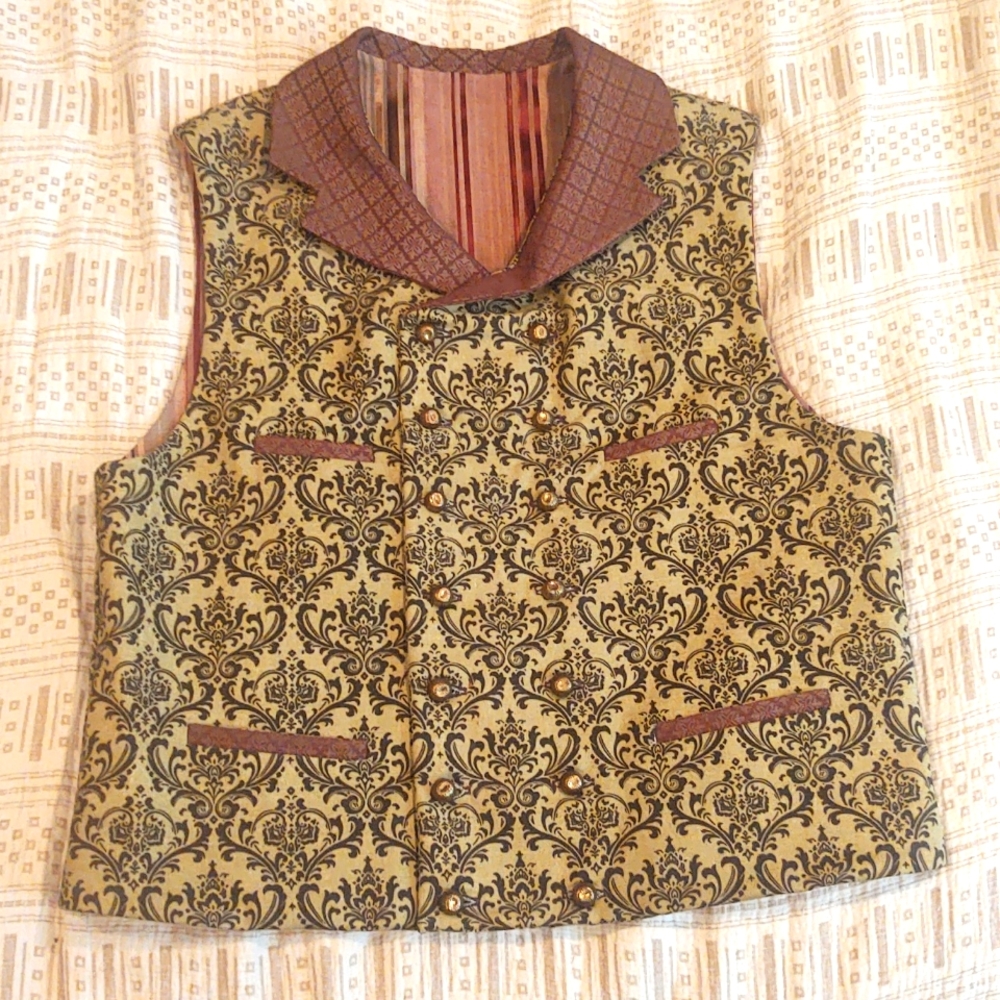 Green and Brown Brocade Steampunk Victorian Double Breasted Lapeled Vest